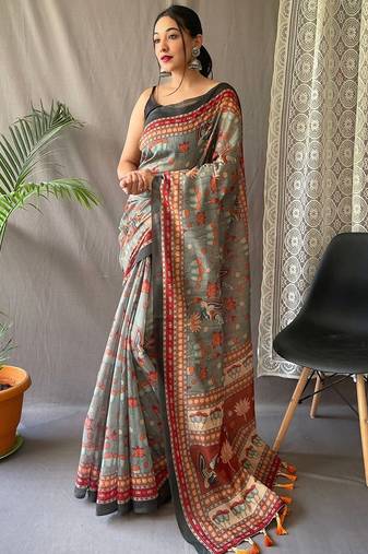 Grey kalamkari printed saree