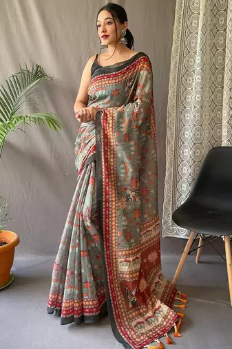 Grey kalamkari printed saree