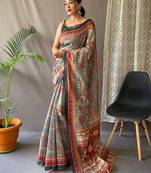 Grey kalamkari printed saree
