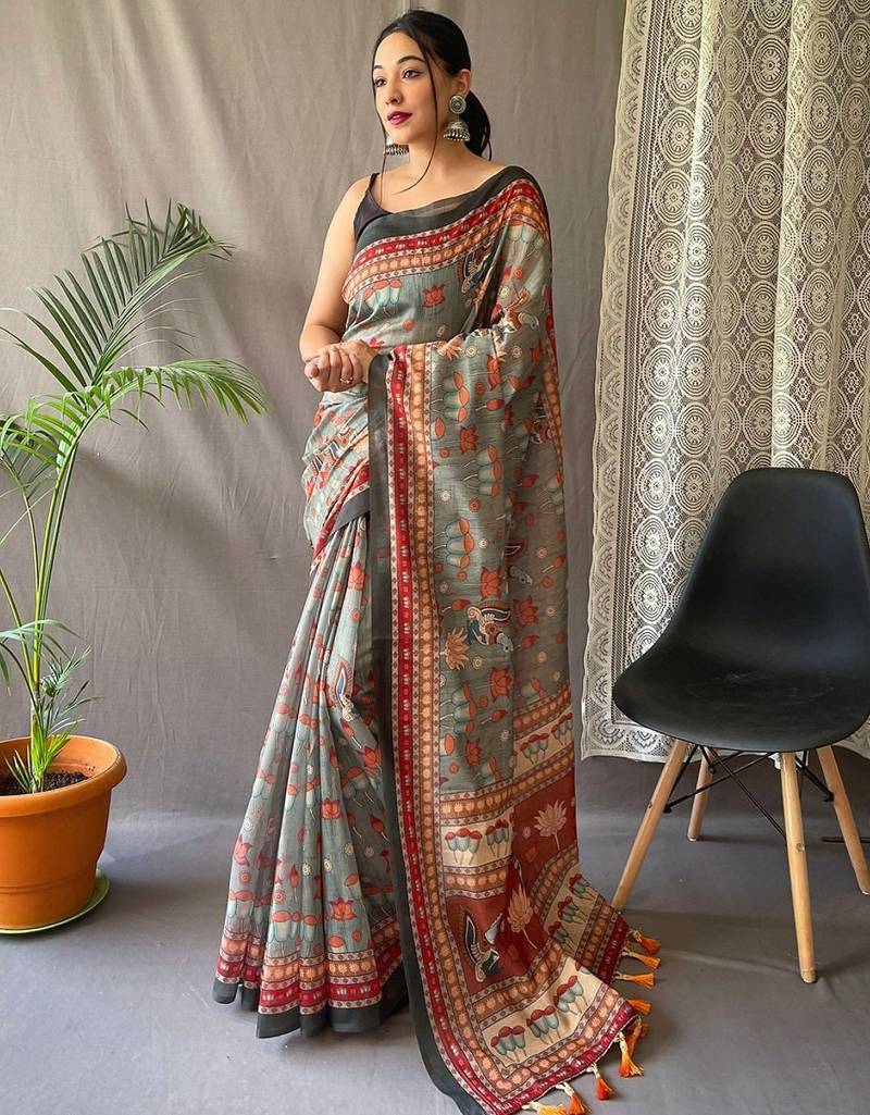 Grey kalamkari printed saree