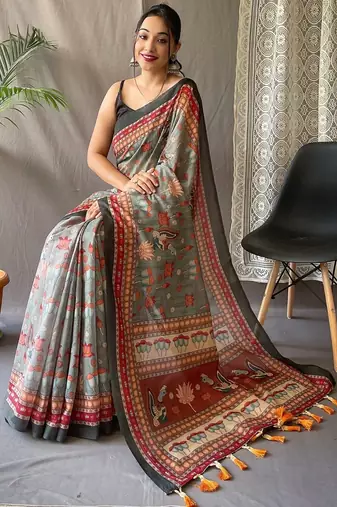 Grey kalamkari printed saree