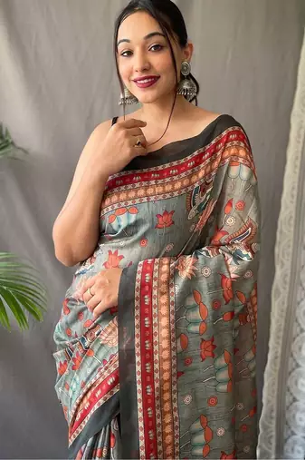 Grey kalamkari printed saree