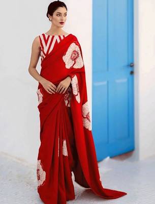 Red floral satin designer saree 1