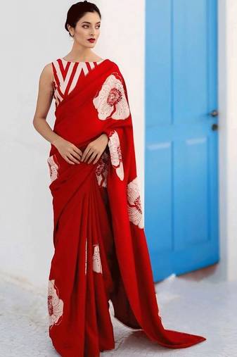 Red floral satin designer saree