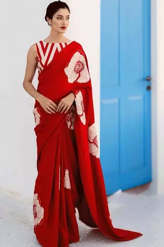 Red floral satin designer saree