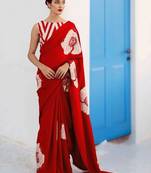 Red floral satin designer saree