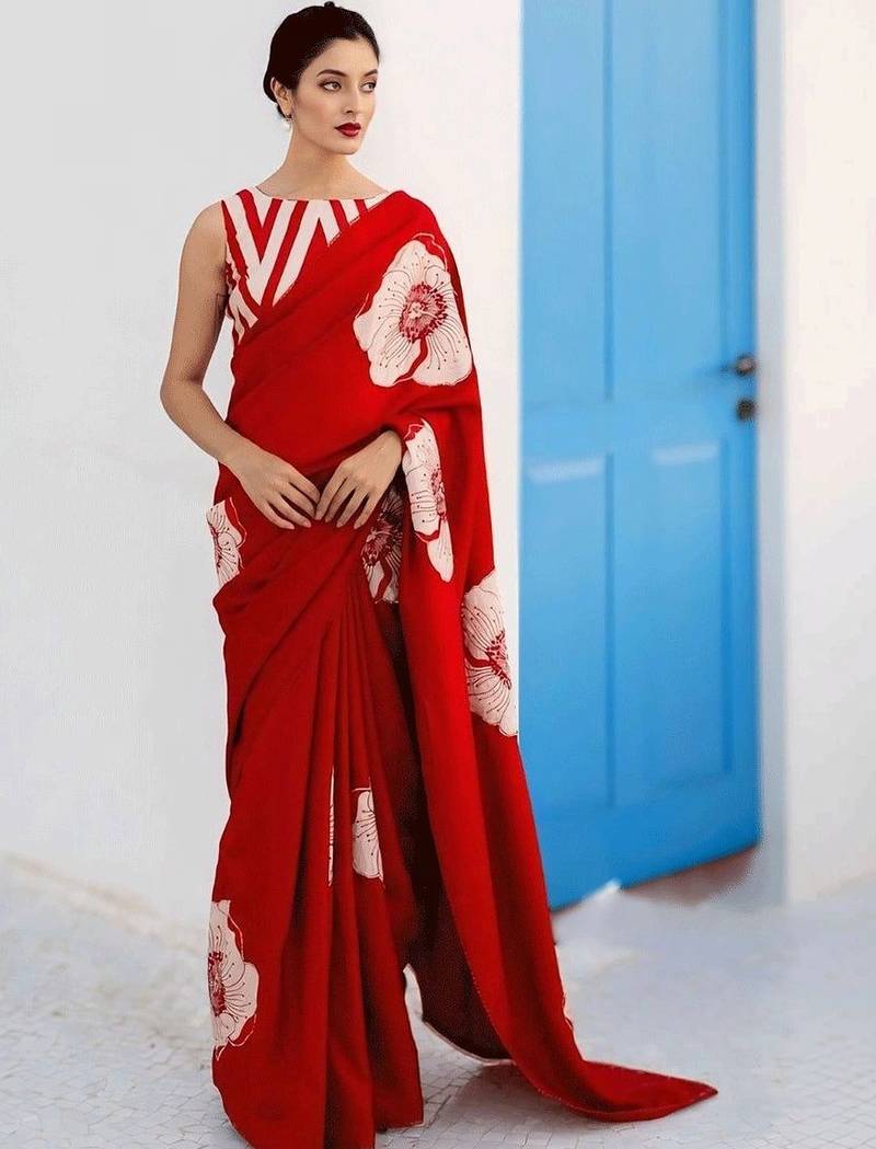 Red floral satin designer saree