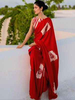 Red floral satin designer saree 2