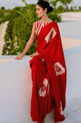 Red floral satin designer saree