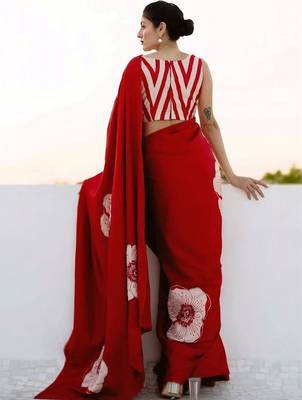Red floral satin designer saree 3