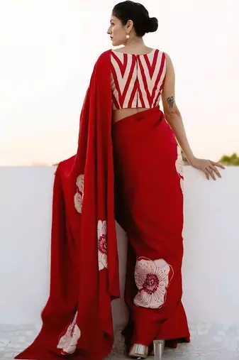 Red floral satin designer saree