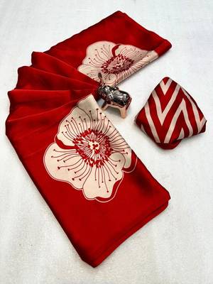 Red floral satin designer saree 4