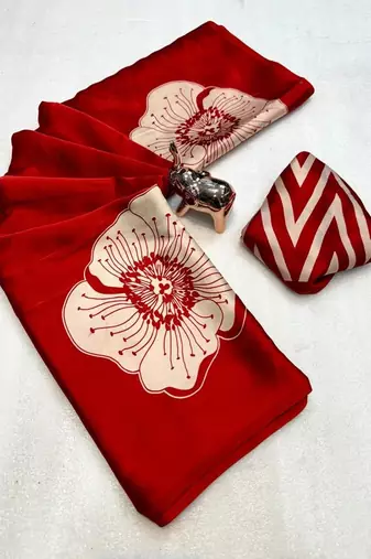 Red floral satin designer saree