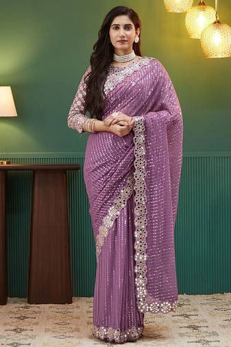 Mauve embellished sequinned  georgette heavy work saree