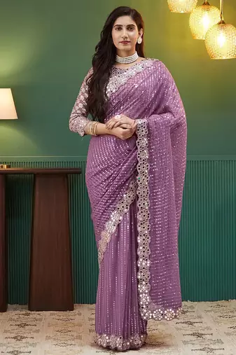 Mauve embellished sequinned  georgette heavy work saree