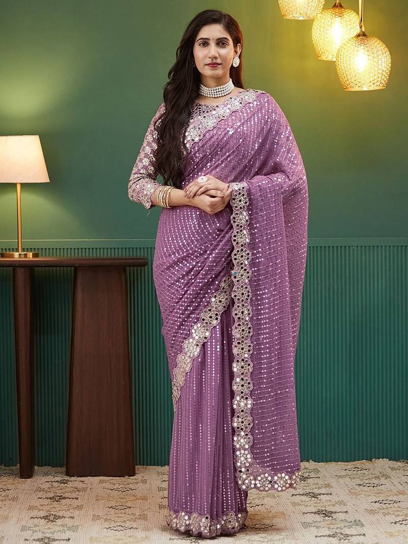 Mauve embellished sequinned  georgette heavy work saree