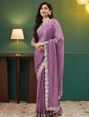 Mauve embellished sequinned  georgette heavy work saree 2