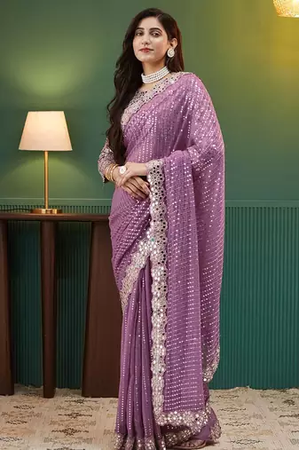 Mauve embellished sequinned  georgette heavy work saree