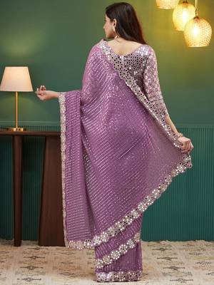 Mauve embellished sequinned  georgette heavy work saree 3