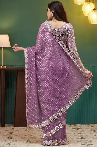 Mauve embellished sequinned  georgette heavy work saree
