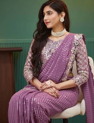 Mauve embellished sequinned  georgette heavy work saree 4