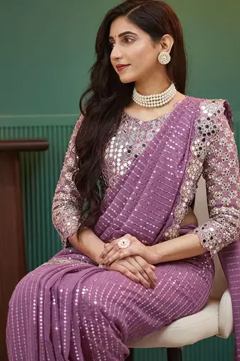 Mauve embellished sequinned  georgette heavy work saree