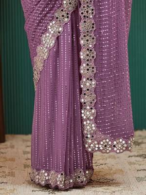 Mauve embellished sequinned  georgette heavy work saree 5