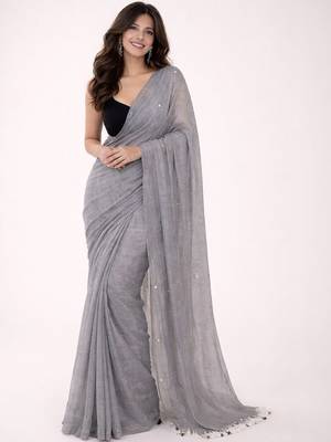 Grey embellished sequinned  cotton khadi saree 1