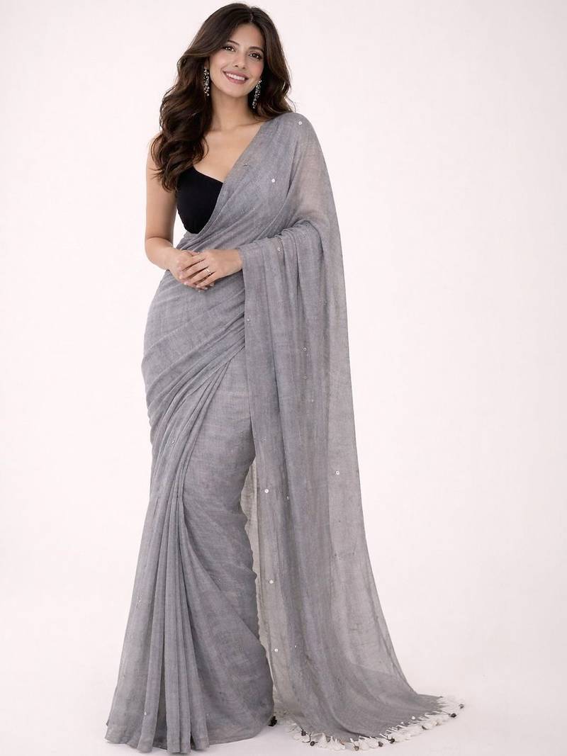 Grey embellished sequinned  cotton khadi saree