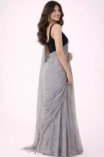 Grey embellished sequinned  cotton khadi saree