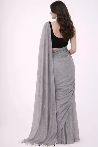 Grey embellished sequinned  cotton khadi saree