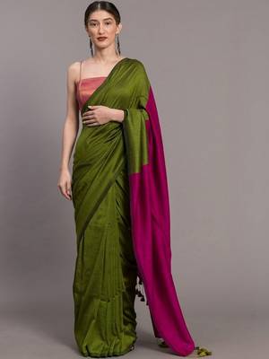 Green colourblocked khadi saree 1