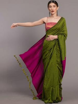 Green colourblocked khadi saree 2