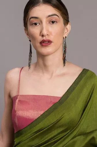 Green colourblocked khadi saree