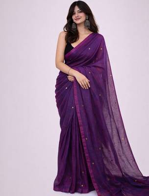 Purple embellished  cotton khadi saree 1