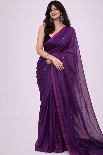 Purple embellished  cotton khadi saree