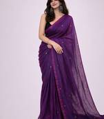 Purple embellished  cotton khadi saree