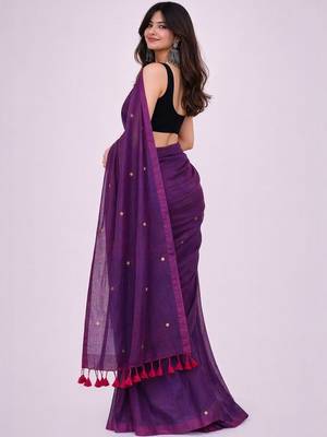 Purple embellished  cotton khadi saree 2