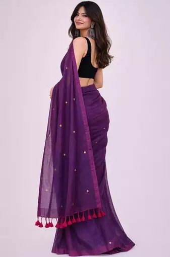 Purple embellished  cotton khadi saree