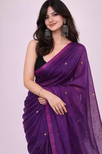 Purple embellished  cotton khadi saree