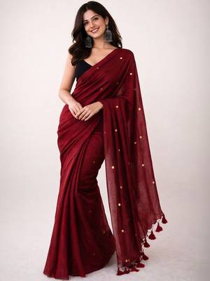 Maroon embellished sequinned  cotton khadi saree 1