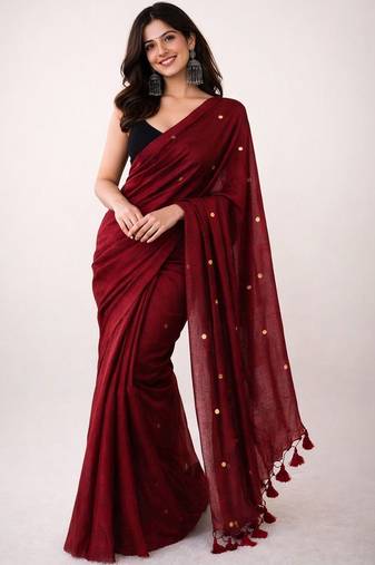 Maroon embellished sequinned  cotton khadi saree