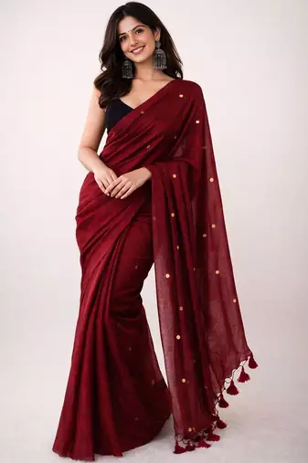 Maroon embellished sequinned  cotton khadi saree