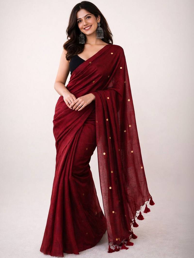 Maroon embellished sequinned  cotton khadi saree