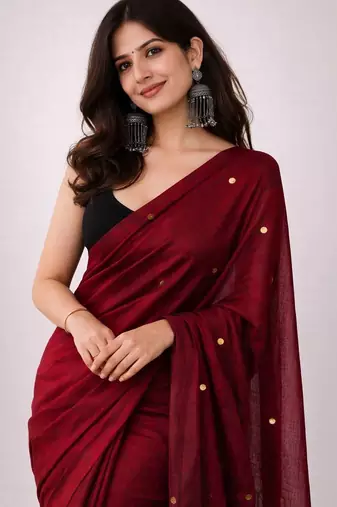 Maroon embellished sequinned  cotton khadi saree