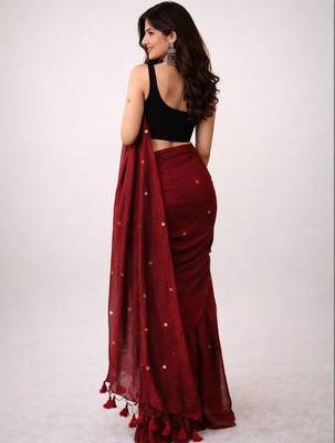 Maroon embellished sequinned  cotton khadi saree 3