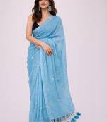 Blue embellished sequinned  cotton khadi saree