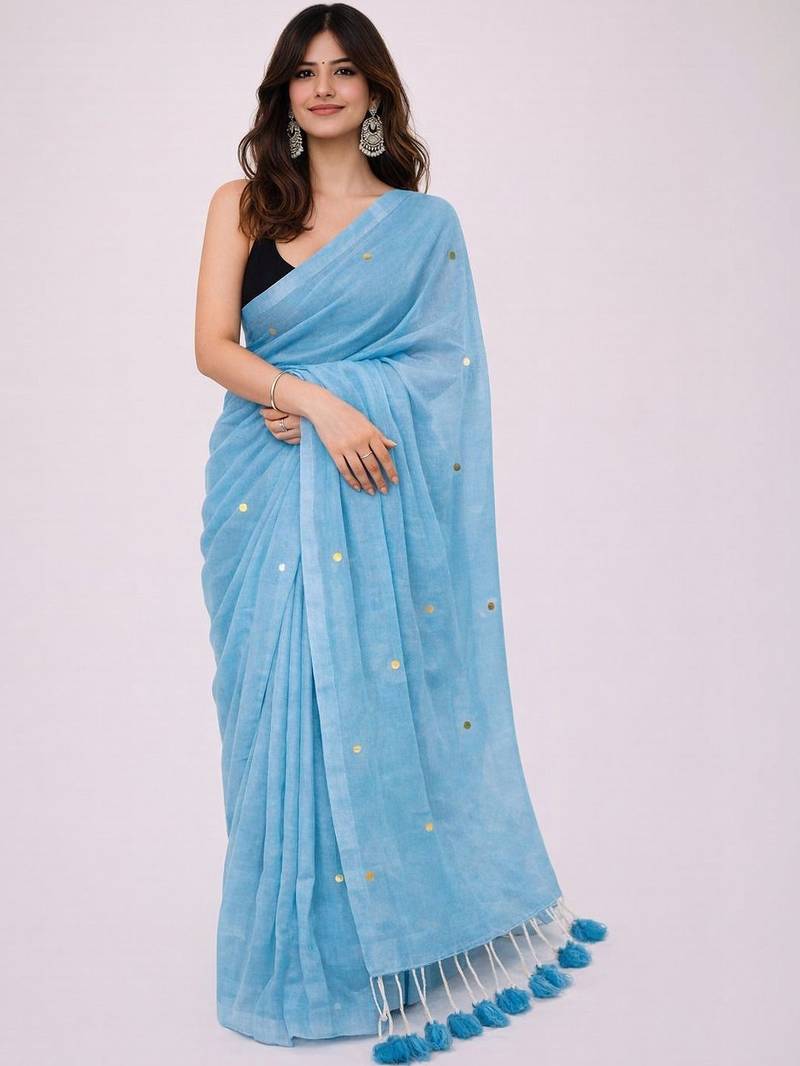 Blue embellished sequinned  cotton khadi saree