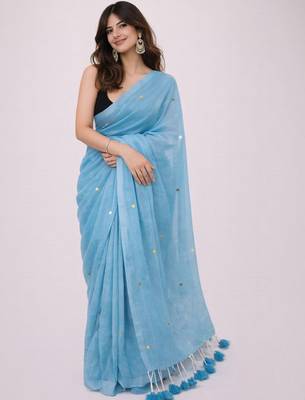 Blue embellished sequinned  cotton khadi saree 2