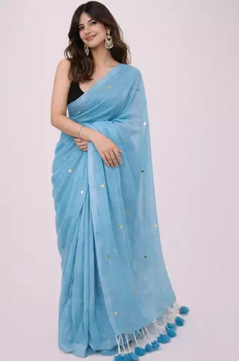 Blue embellished sequinned  cotton khadi saree